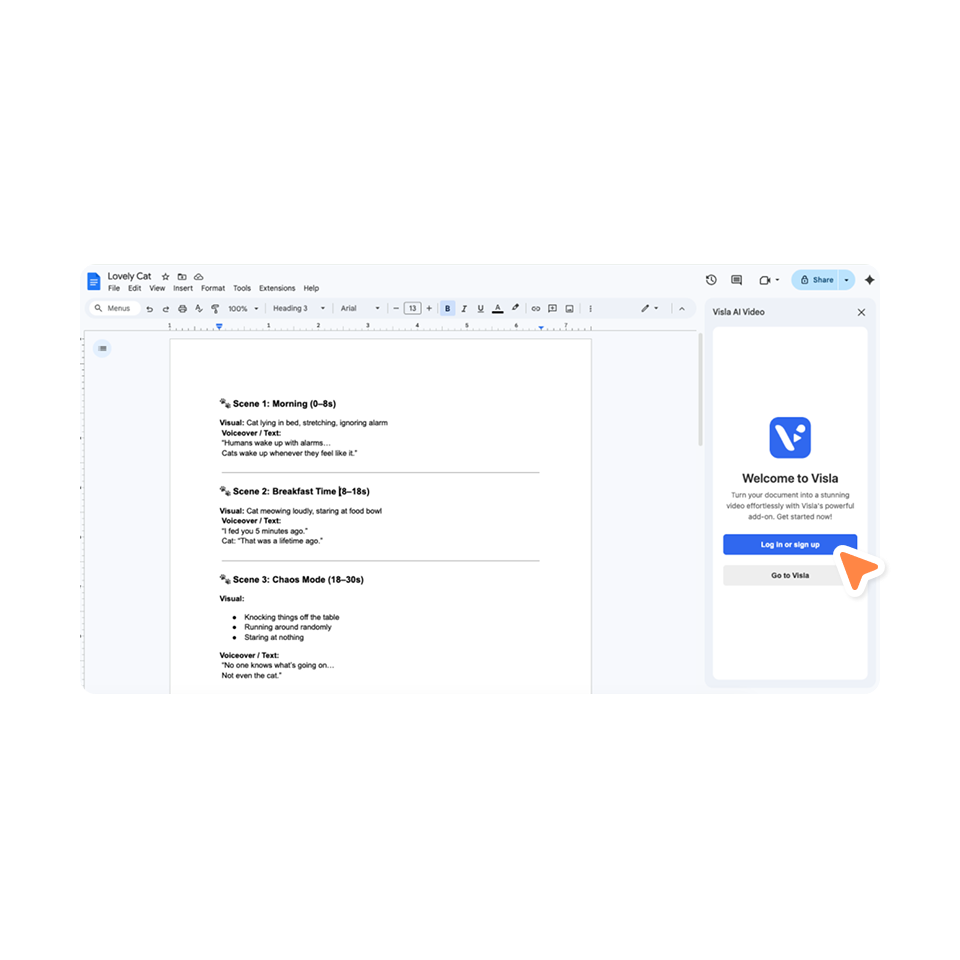 Open the Visla AI Video add-on inside Google Docs